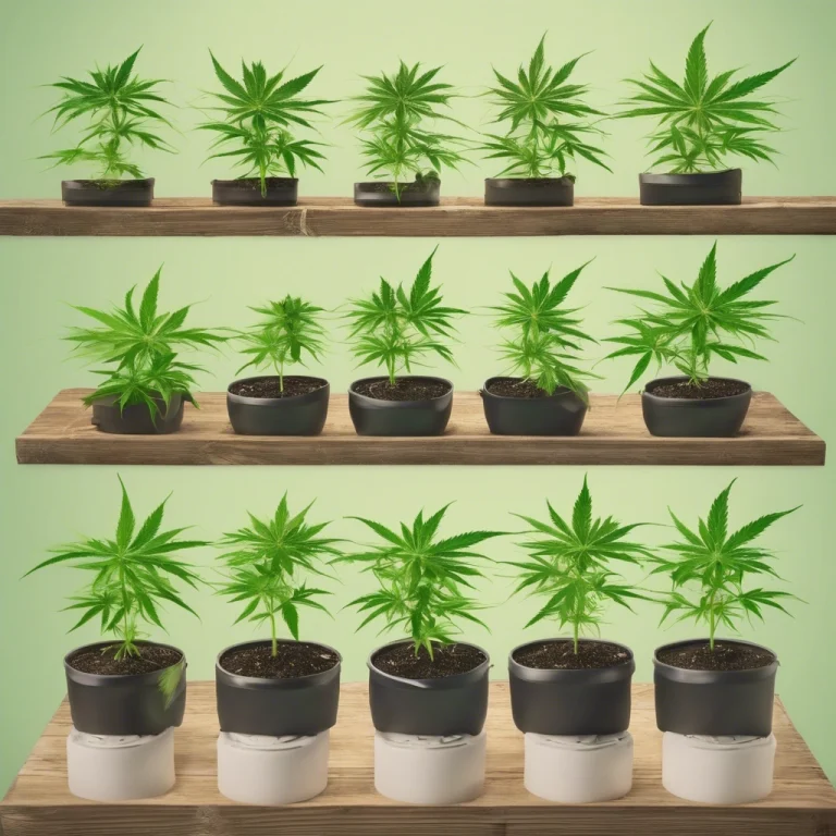Aneinandergerihte Cannabispflanzen die in verschiedenen Größen auf Regalen verteilt Stehehn - Growcologne - Dein Growshop in Köln