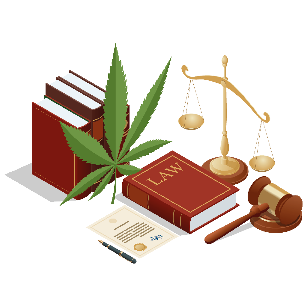 Ein Cannabisblatt in seiner typischen Form in der Mitte zwischen einigen Rechtsbüchern der Gesetzeswaage undeine Richterhammer.