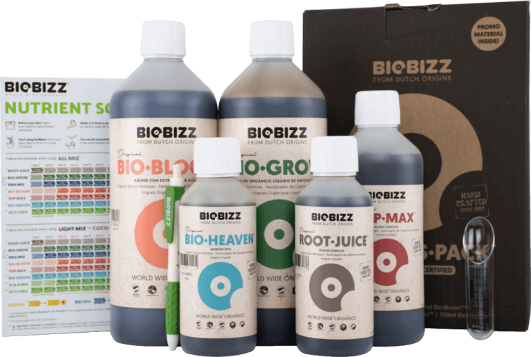 BioBizz Starte Pack mit individuellen Flaschengrößen und allen Nährstoffen die für einen erfolgraichen Grow von Cannabispflanzen benötohgt werden.