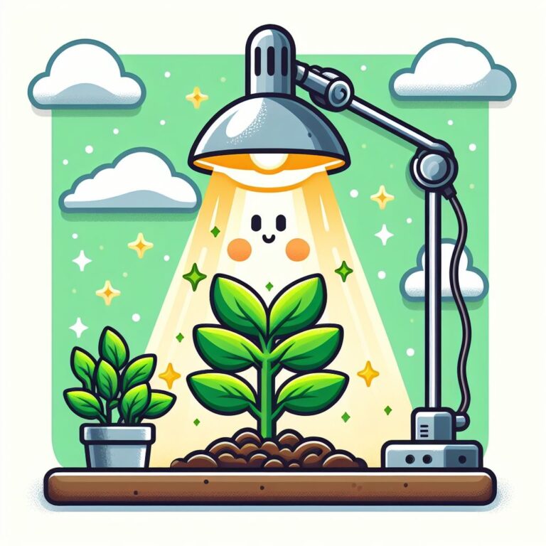 Pflanze im Comicstil die Unter einer Lampe steht mit einem lachenden Licht .
