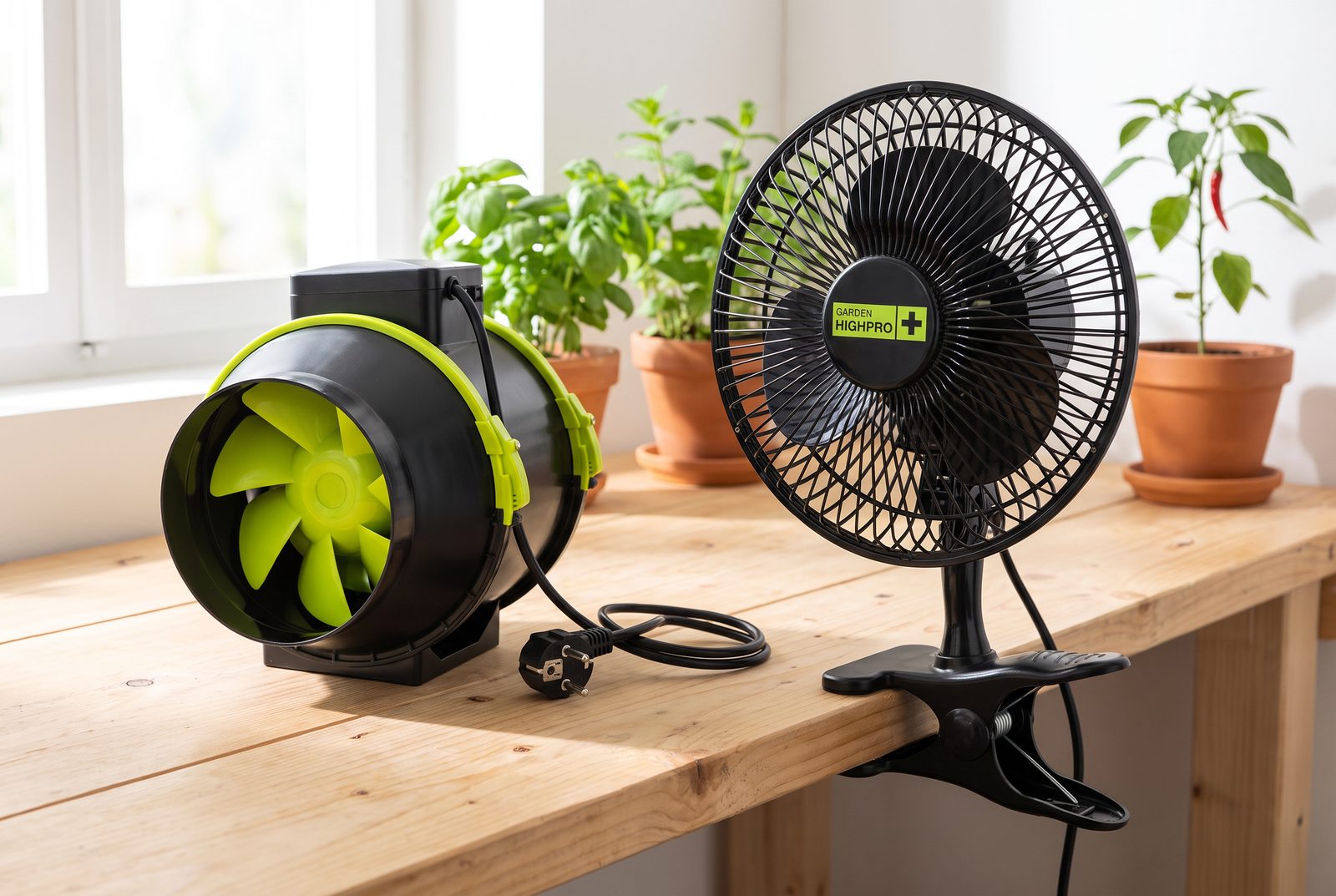 Inszenierte Visualisierung: Rohrventilator und Clip-Ventilator auf einer Werkbank