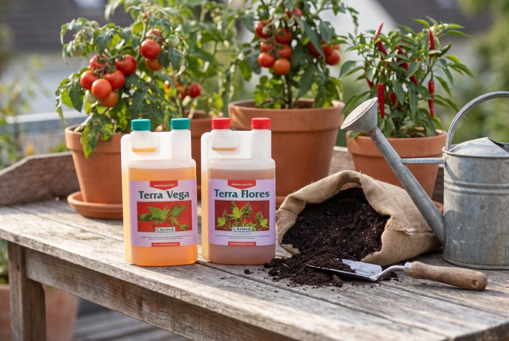 Inszenierte Visualisierung: zwei Flaschen Erddünger für Wuchs und Blüte auf einem Pflanztisch