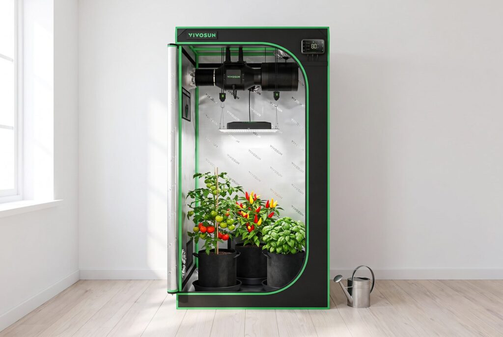 Inszenierte Visualisierung: Growbox mit Tomate, Chili und Basilikum in einem hellen Zimmer