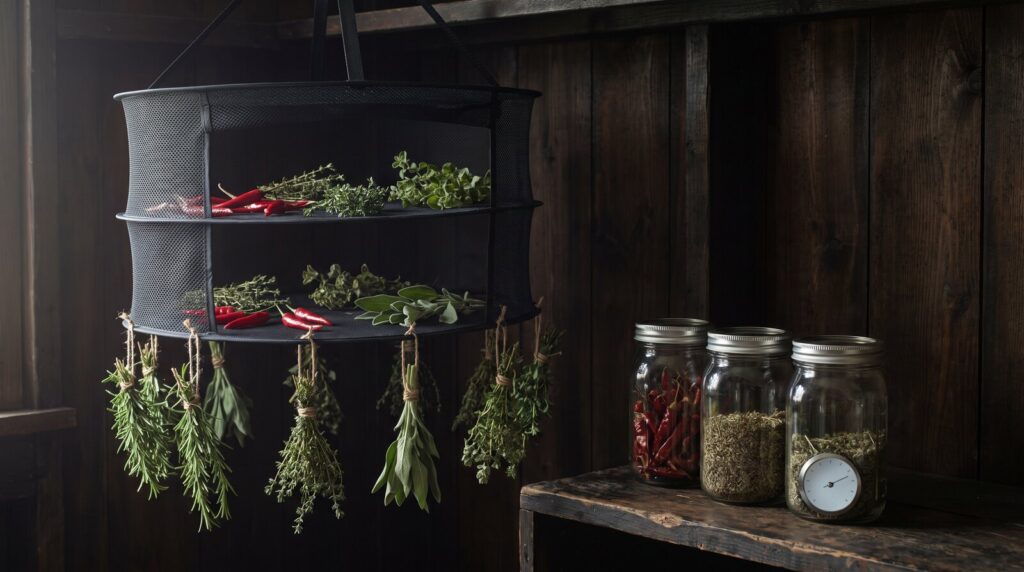 Inszenierte Visualisierung: Trockennetz mit Kräutern und Chilischoten, daneben Schraubgläser mit kleinem Hygrometer