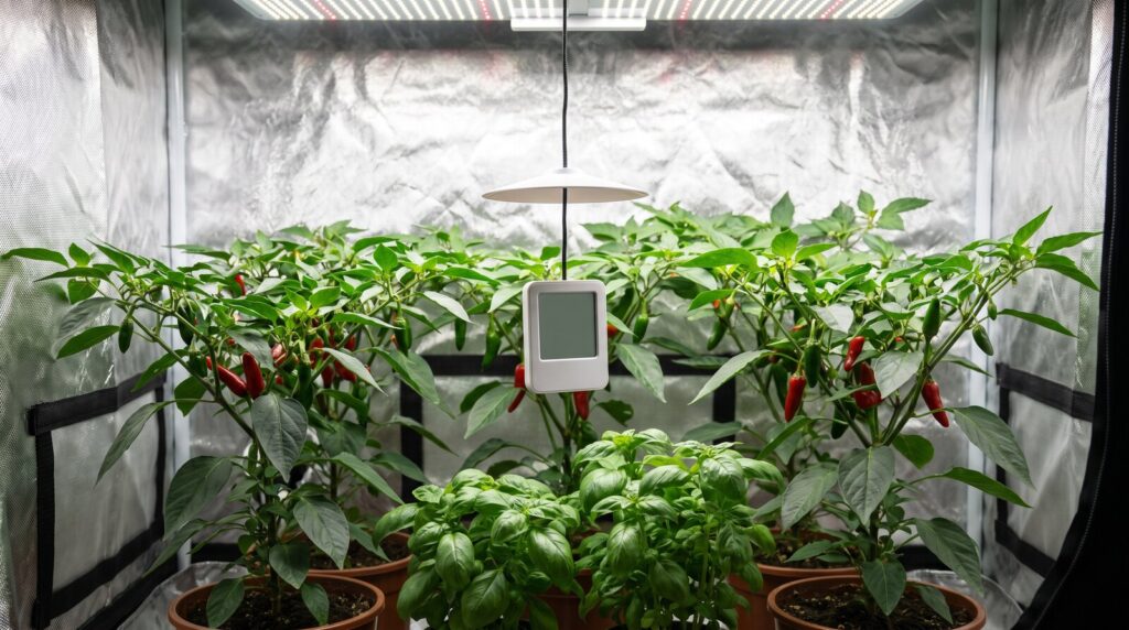 Inszenierte Visualisierung: Thermo-Hygrometer hängt frei an einer Schnur auf Höhe des Pflanzendachs zwischen Chilipflanzen, ein kleiner Schirm darüber hält das Licht der Lampe ab; vorn Basilikum