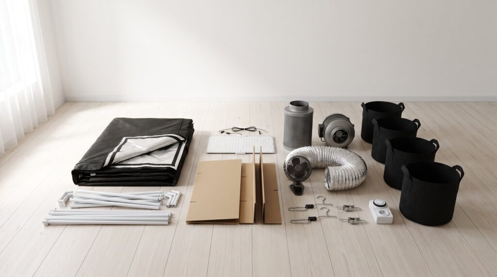 Inszenierte Visualisierung: Teile eines Zelt-Sets nebeneinander auf dem Holzboden – zusammengelegtes Zelt, Rahmenstangen, LED-Lampe, Aktivkohlefilter, Rohrlüfter, Abluftschlauch, Clip-Ventilator, Aufhänger, Zeitschaltuhr und vier Stofftöpfe