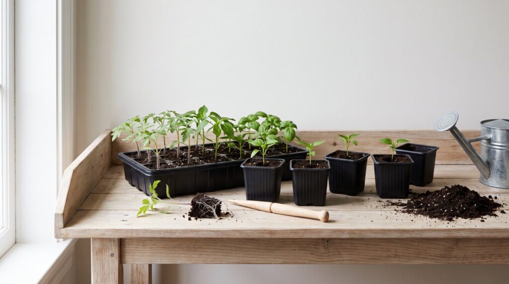 Inszenierte Visualisierung: Jungpflanzen von Tomate, Chili und Basilikum werden mit dem Pikierstab aus der Schale in kleine Töpfe gesetzt