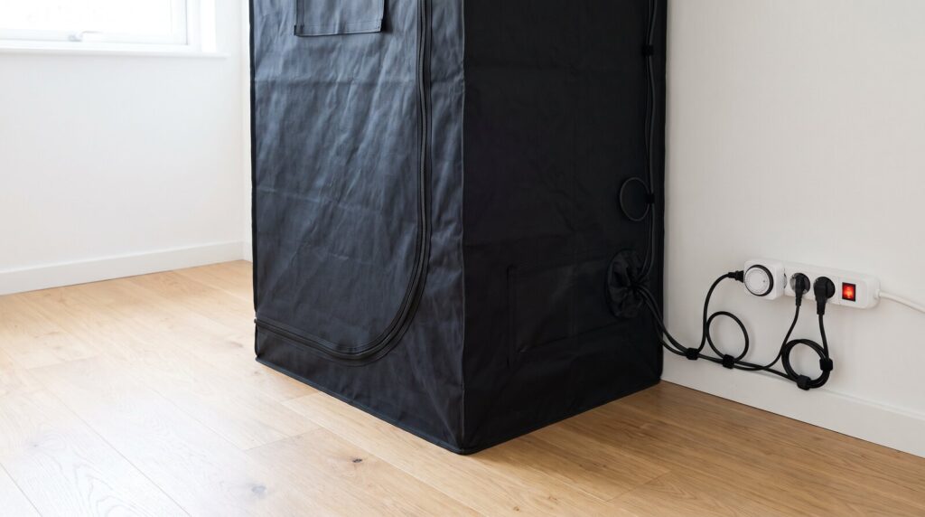 Inszenierte Visualisierung: Steckdosenleiste an der Wand neben dem Zelt, in einer Dose steckt eine Zeitschaltuhr mit einem Kabel, zwei Kabel stecken direkt in der Leiste; alle kommen durch die Kabeldurchführung des Zelts und hängen mit Klettbindern in Schlaufen unter der Leiste