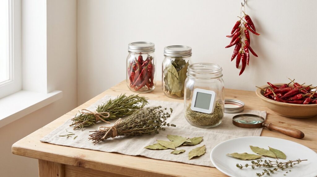 Inszenierte Visualisierung: getrocknete Bündel von Rosmarin und Thymian, Lorbeerblätter und Chilischoten, daneben Schraubgläser; im offenen Glas mit Rosmarin steckt ein kleines Hygrometer, davor eine Lupe