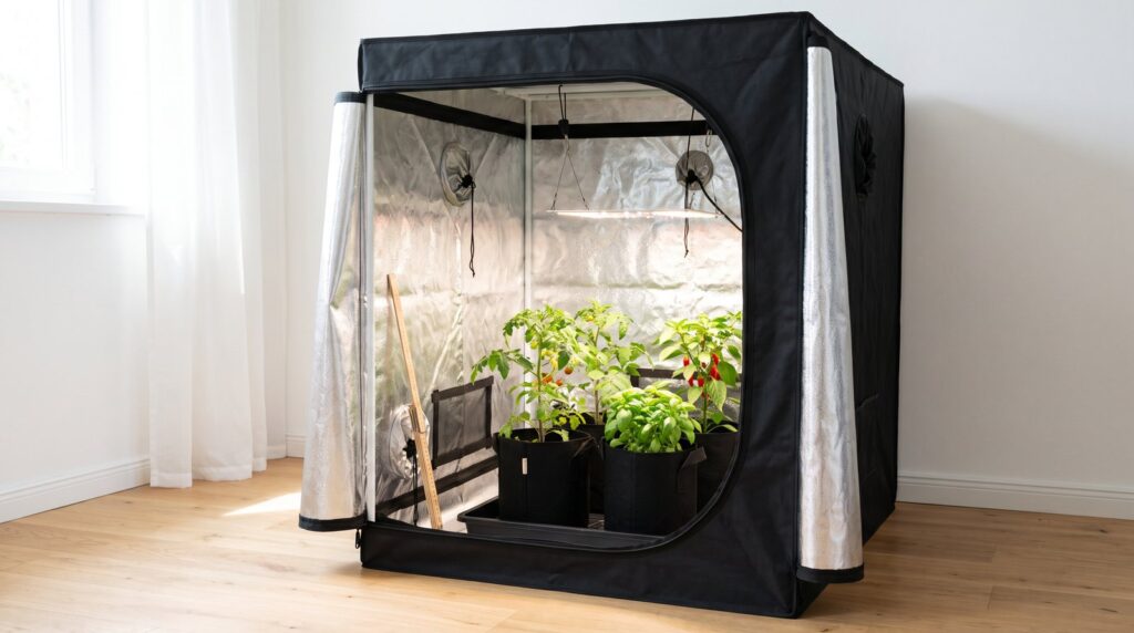 Inszenierte Visualisierung: offene Growbox mit Tomate, Chili und Basilikum in einem hellen Zimmer